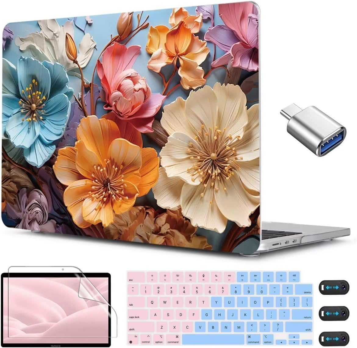 CISSOOK for MacBook Air 13 inch M2 M3 M4 Case 2022 2023 2024 2025 Release, Flower Hard Shell Cases with Keyboard Cover OTG Adapter for MacBook Air 13.6 inch A3240 M3113 A2681