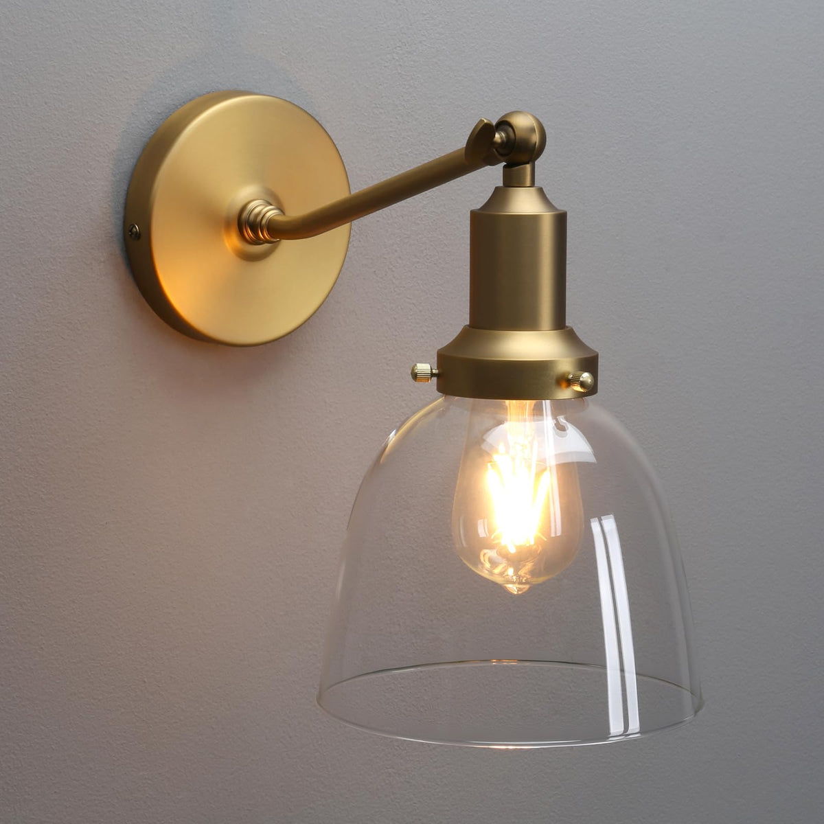 PERMO Industrial Vintage Slope Pole Wall Mount Single Sconce with 6.7" Oval Dome Clear Glass Shade Antique Gold Wall Sconce Light Fixture