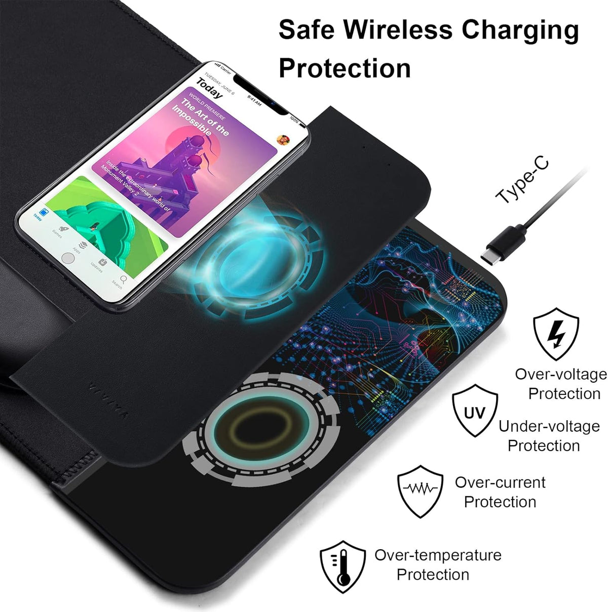 15W Wireless Charging Mouse Pad with Detachable Wrist Support, Fast QI Charger for iPhone/Samsung Devices, Black