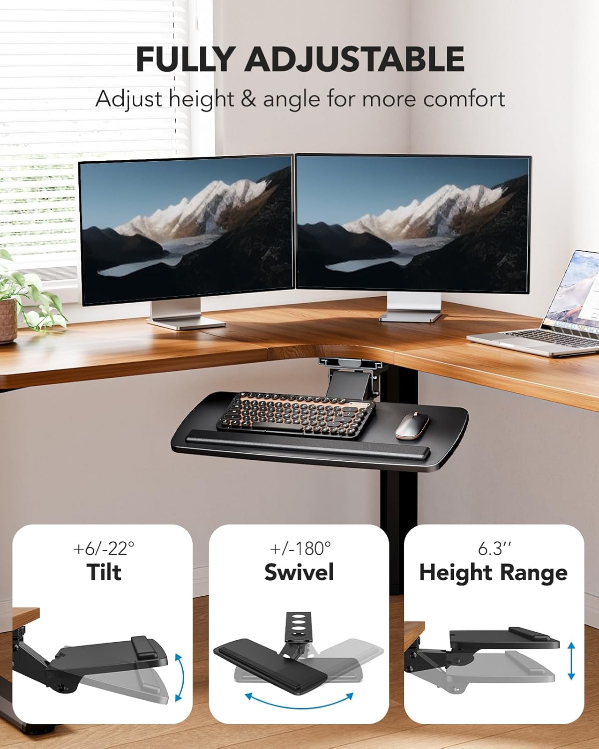 HUANUO Keyboard Tray Under Desk, 360 Adjustable Ergonomic Sliding Keyboard & Mouse Tray, Under Desk Keyboard Tray Slide Out, Keyboard Holder Under Desk for Typing in Home, Office Work, 25"W x 9.84"D
