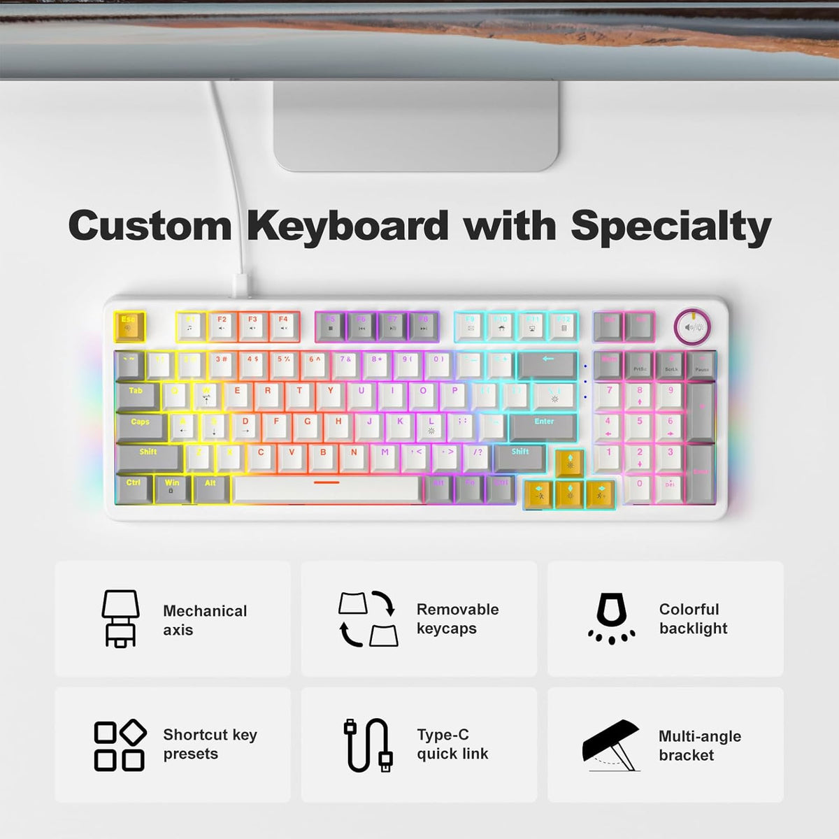 AK96 Smart Mechanical Keyboard Gaming, 96 Keys Full Size with LED Colorful Backlit, Clicky Creamy Sounding, USB Wired Computer Keyboard with Volume Knob for PC, Mac, Windows (White)