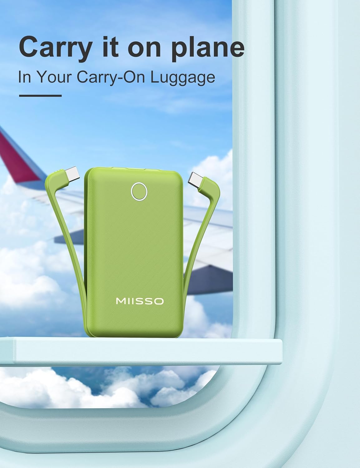 miisso 10000mAh Slim Portable Charger with Built in Cable, Power Bank Travel Charger External Battery Pack for Phone, 3 Output USB Type C Cord Clutch Charger Compatible with iPhone, Green