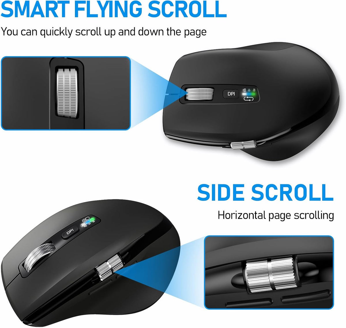 INFINMIND 4-Level Wireless Bluetooth Side Scroll Mouse with Multi-Device, Ergonomic Computer Mice with Smart Flying