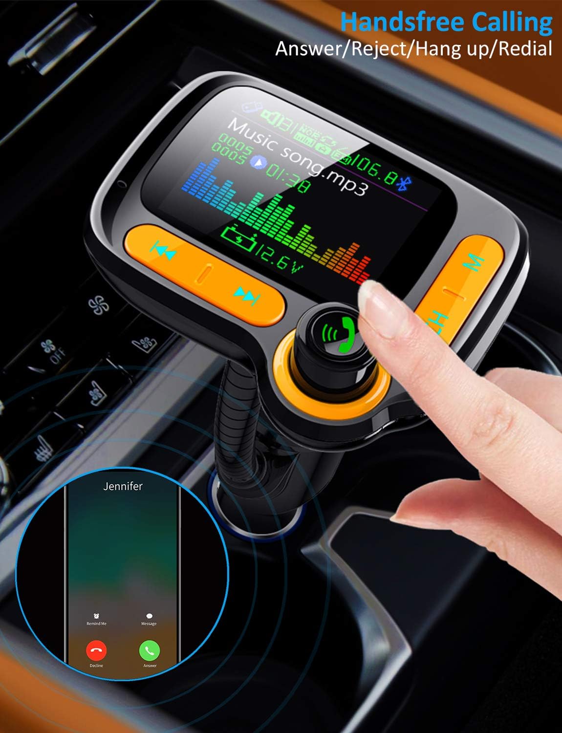 Bluetooth FM Transmitter Car Adapter, Wireless Handsfree Call, MP3 Music Play, 1.8" Color Screen, 3 USB Charger