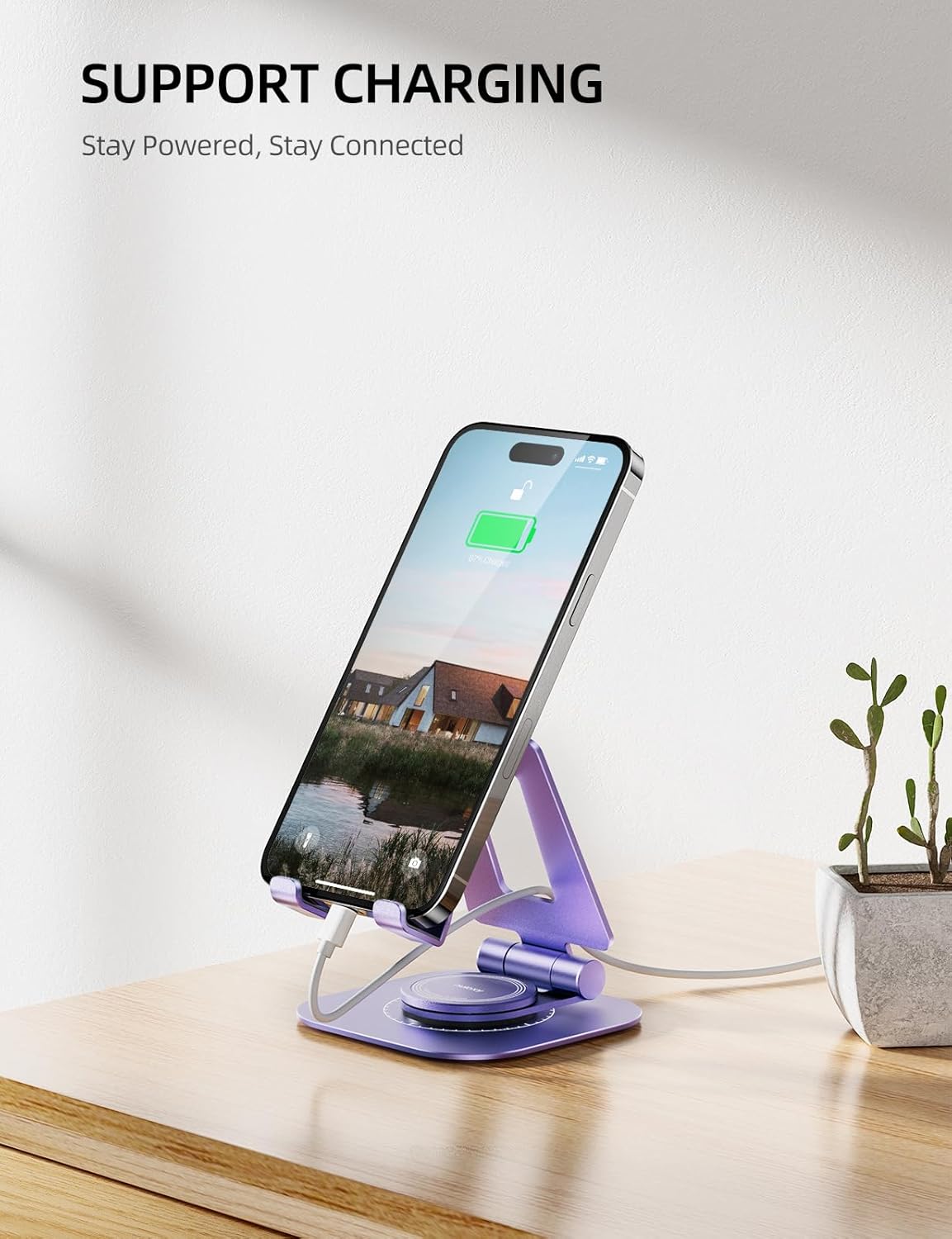 Nulaxy Rotatable Cell Phone Stand, Fully Adjustable Foldable Desktop Phone Holder Cradle Dock, Thick Case Friendly, Compatible with All Phones, Nintendo Switch, Purple