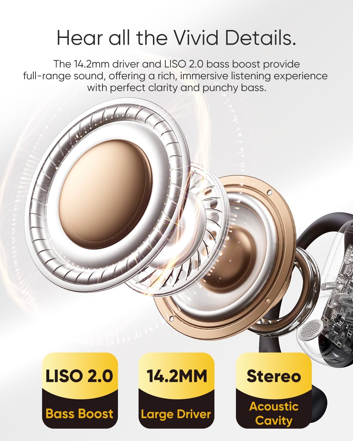 Open Ear Headphones, 0.28oz Lightweight Next-Gen Bluetooth 5.4 Air Conduction Wireless Earbuds w/Extra Bass, 48H Playtime, 3 EQ Modes, ENC Mic, IPX5, Snug Fit for Workout Running Beige