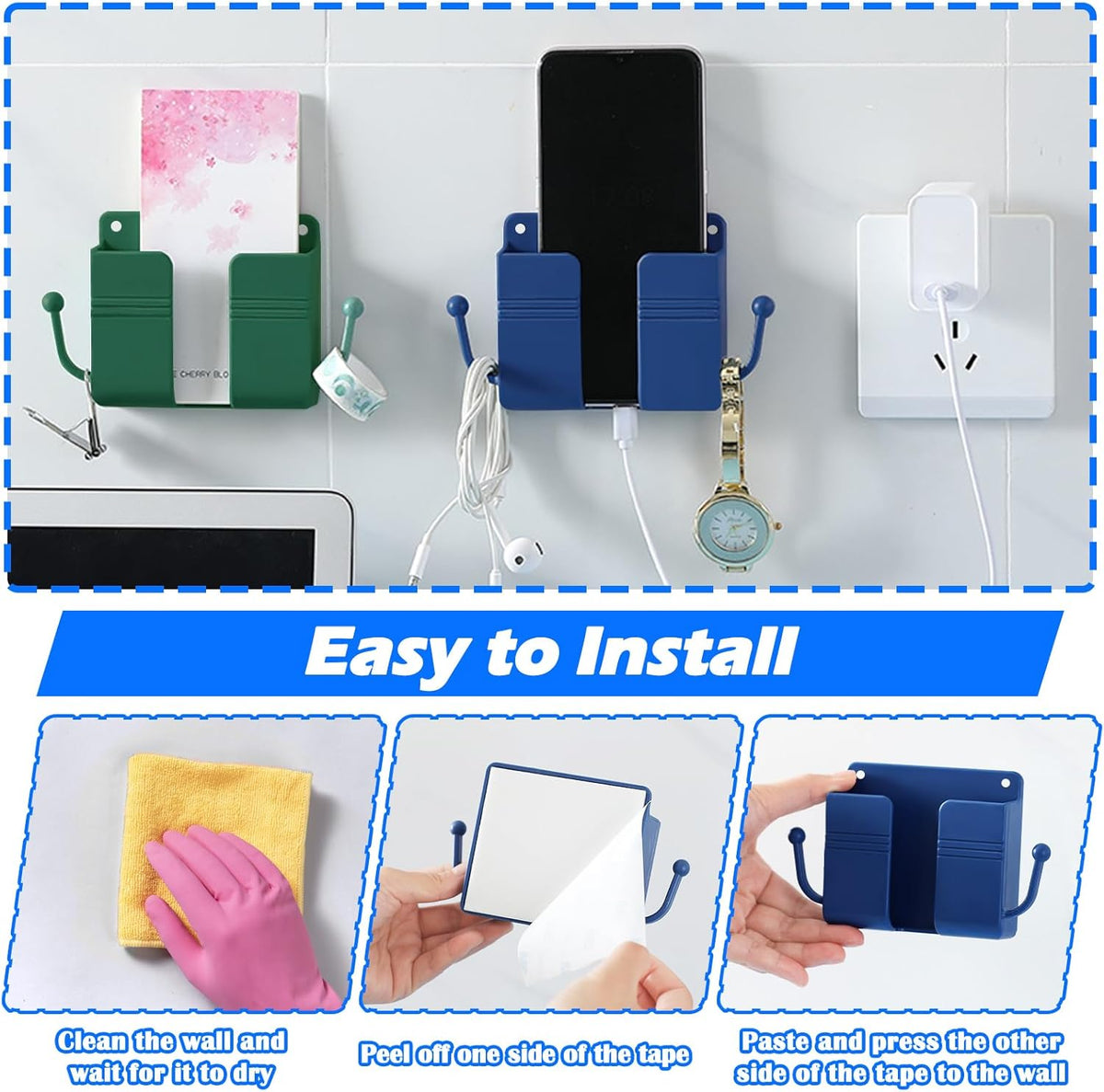 5 Pcs Wall Mount Phone Holder, Wall Mounted Shower Phone Stand with Hooks, Self-Adhesive Universal Media Organizer