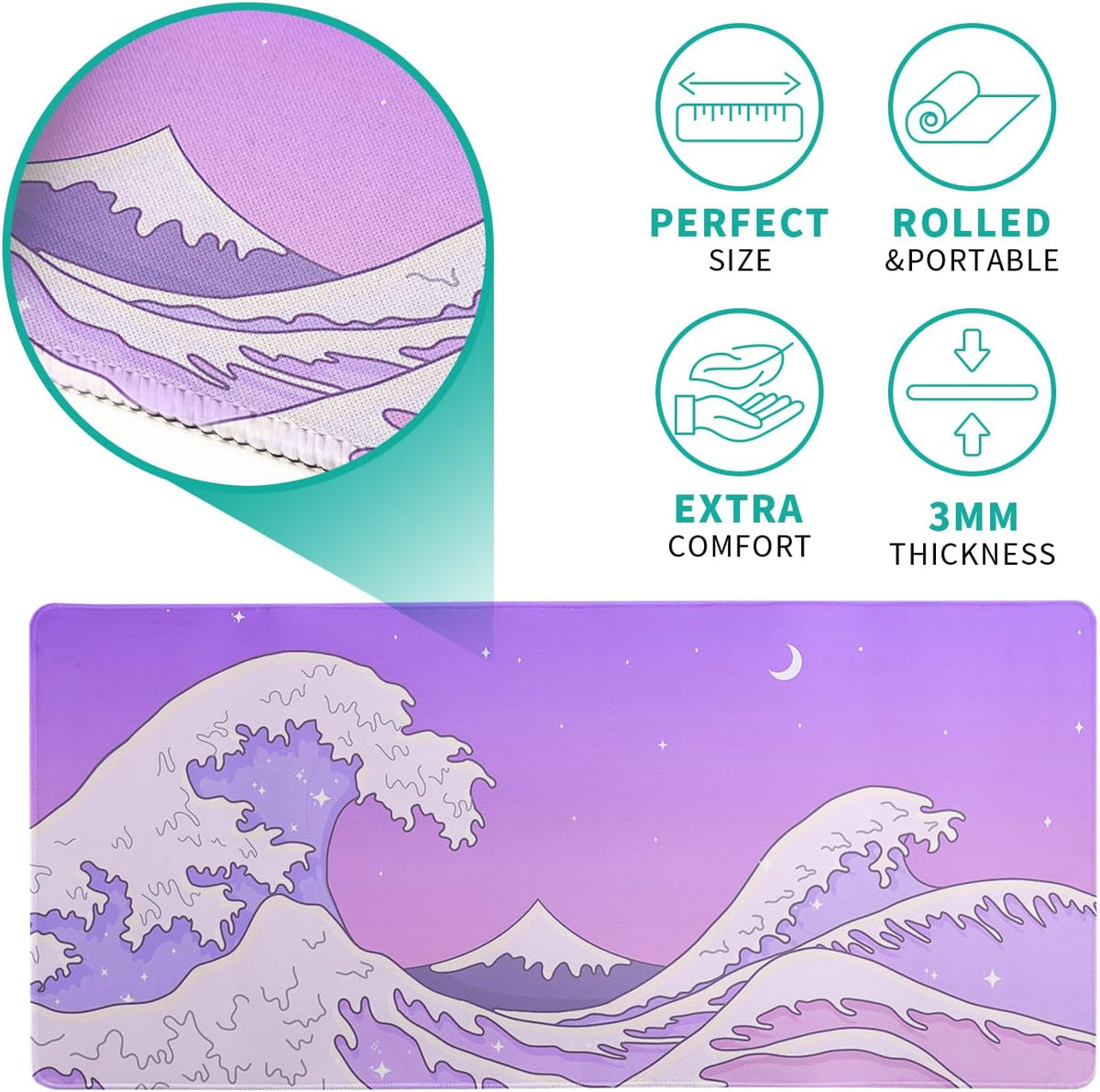 Purple Japanese Sea Wave Gaming Mouse Pad - Large Desk Mat with Non-Slip Base and Stitched Edge for Gaming and Office - 31.5x11.8 Inch