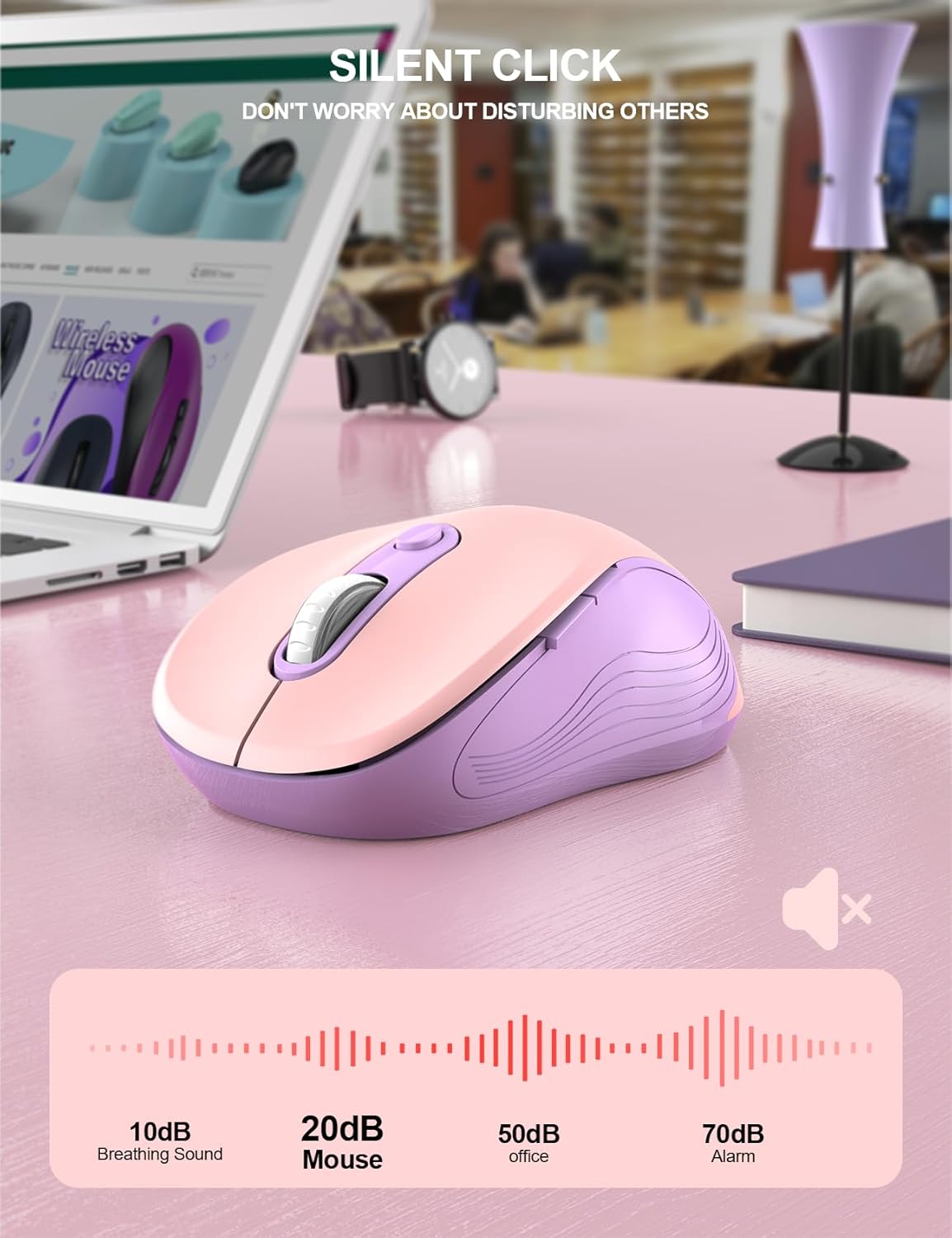 Trueque Wireless Mouse for Laptop, 2.4GHz Ergonomic Computer Mouse with Back & Forward Buttons, 3-Level DPI, 6 Buttons, Optical USB Cordless Mice for Windows Chromebook MacBook PC (Pink Purple)