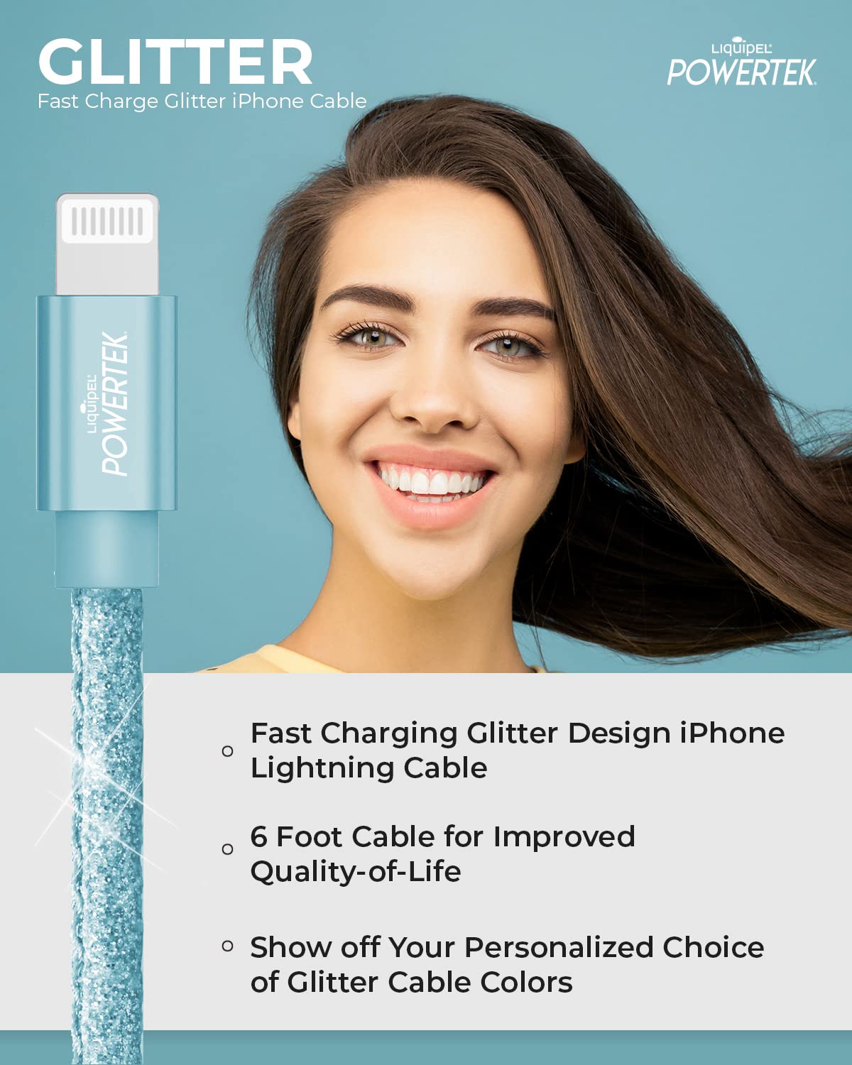 LIQUIPEL Powertek Glitter MFi Certified Charger for Apple iPhone, iPad, 6ft Lightning to USB Cable