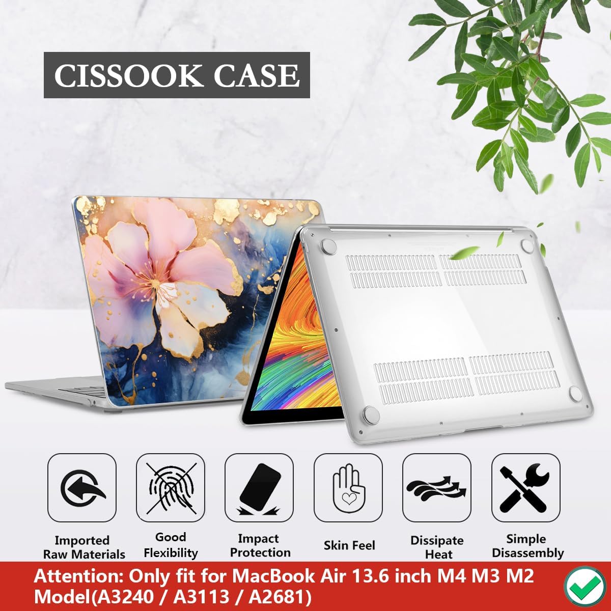 CISSOOK Compatible with MacBook Air 13.6 inch Case M2 M3 M4 Release 2025 2024 2023 2022, Plastic Hard Shell Case Keyboard Cover Screen Film for MacBook Air 13 inch A3240 A3113 A2681, Marble Flower