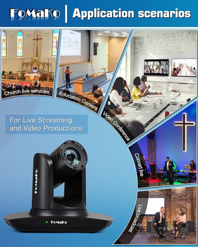 FoMaKo HDMI PTZ Camera AI Auto-Tracking Gen 3 20x Optical Zoom IP USB3.0 HDMI Camera for Church Services Worship EducationFMK12UH Pro(20x)-BBlack Color