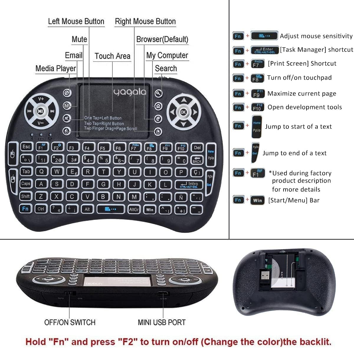 Backlit Mini Keyboard with Touchpad Mouse, Portable 2.4GHz Wireless for iPad, PC, Android TV Box