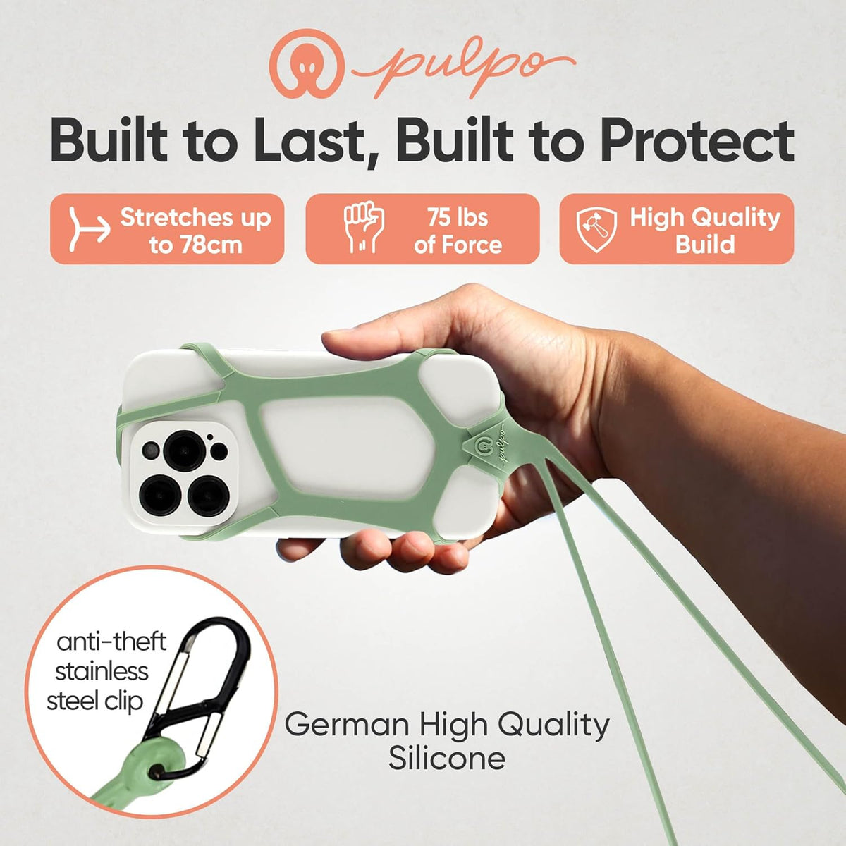 Pulpo Safety Cell Phone Lanyard Green Fits Smartphones 6.1 to 6.8” - Anti Theft Phone Strap for Men & Women, Lanyards for Phones, Hiking Phone Holder & Cellphone Lanyard, Silicone Crossbody Straps