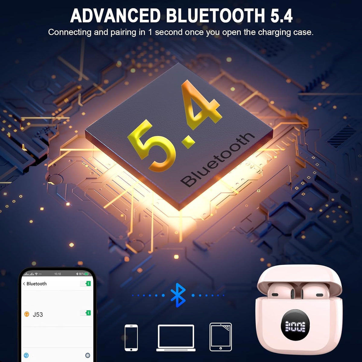 Wireless Earbuds, Bluetooth 5.4 Ear Buds LED Power Display Headphones Bass Stereo, Bluetooth Earbuds in-Ear Noise Cancelling Mic, 40H Playback Mini Case IP7 Waterproof Sports Earphones for Android iOS