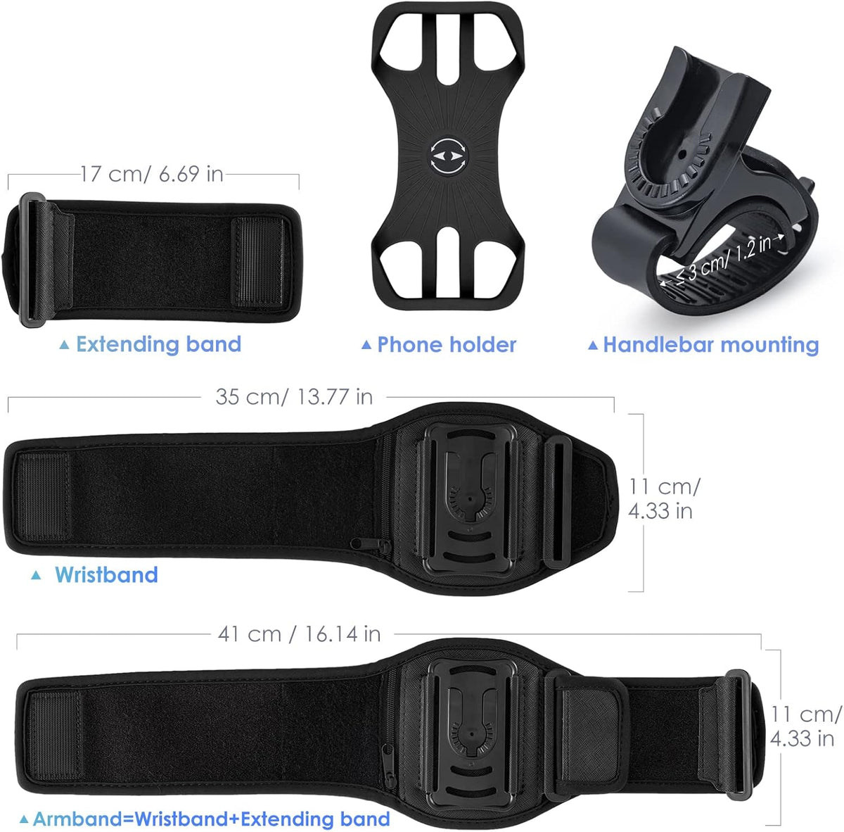 Cikyner Running Armband, 3 in 1 Running Phone Holder Sports Armband Bicycle Phone Holder 360° Rotatable & Detachable Running Phone Armband for 4.5-7'' iPhone Huawei for Gym Running Hiking