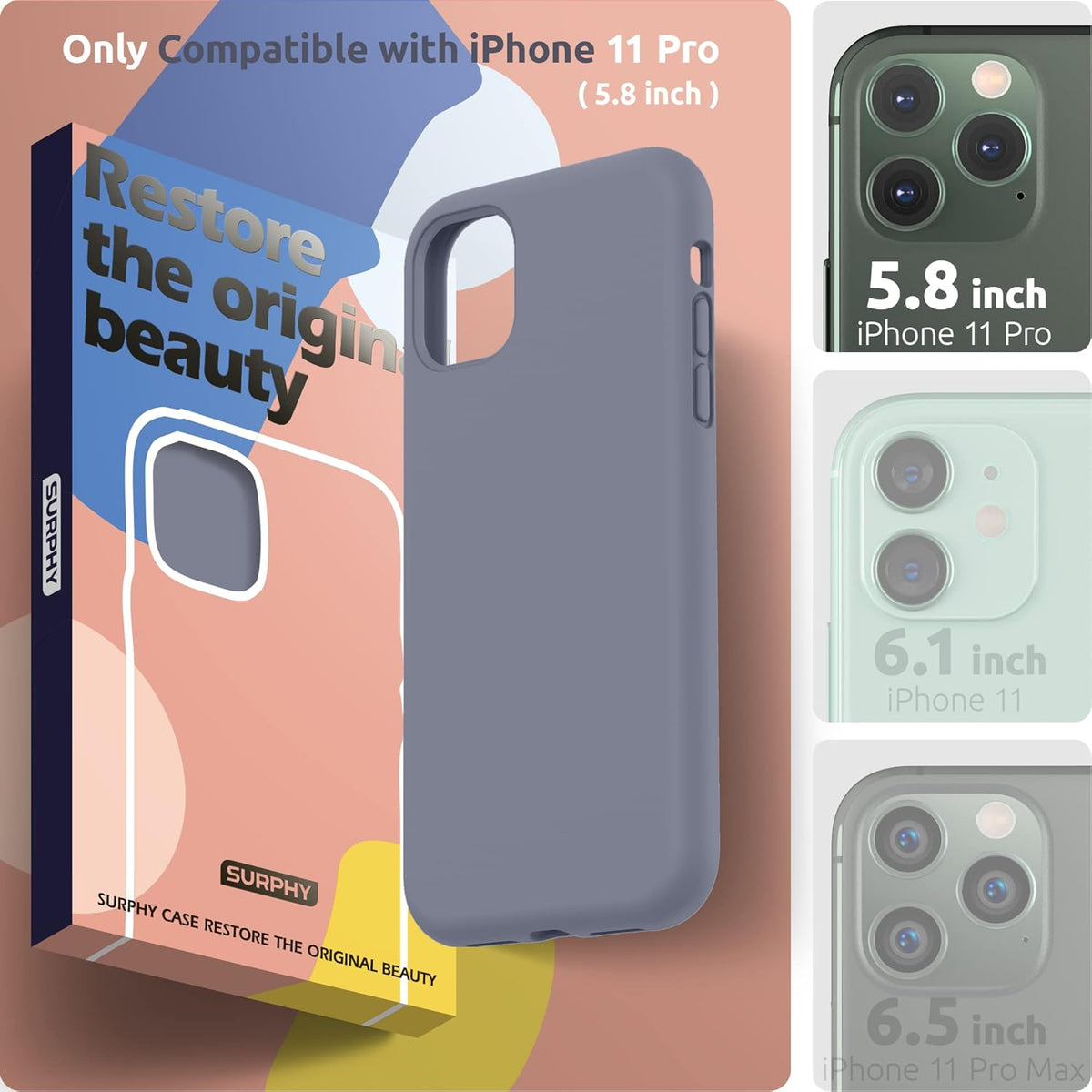 SURPHY iPhone 11 Pro Case, Thickened Liquid Silicone, 5.8 inches, with Microfiber Lining, Lavender Gray