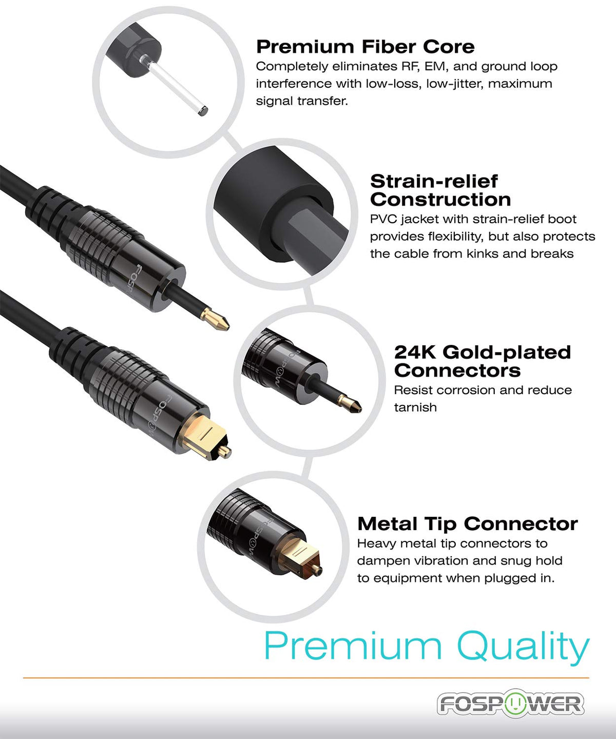FosPower 24K Gold Plated Toslink to Mini Toslink Digital Optical S/PDIF Audio Cable - 6ft