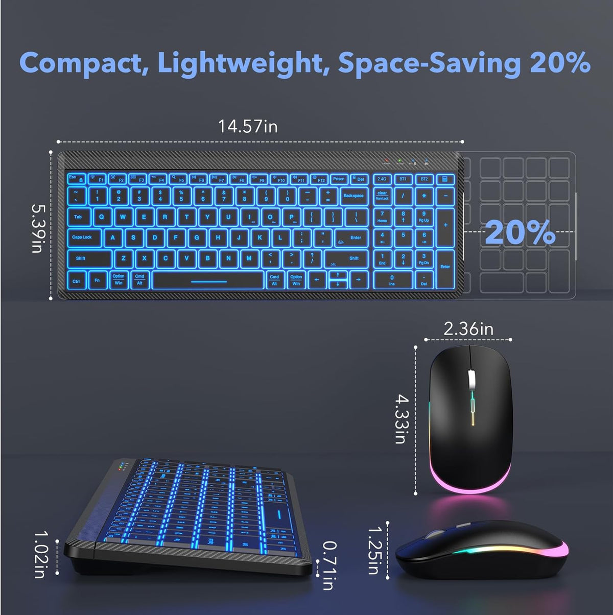 Wireless Keyboard and Mouse Backlit, Slim Portable Rechargeable Multi-Device Bluetooth Keyboard, RGB Silent Mouse for