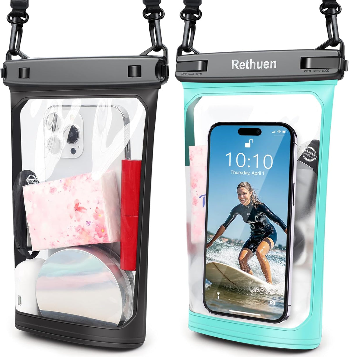 Large Floating Waterproof Phone Pouch, 2Pack Cell Phone Dry Bag for iPhone 16 15 14 13 12 Pro Max Galaxy S24 S23 S22 All Phones, Float Water Proof Bag for Beach Water Park (Black + Lime Green)