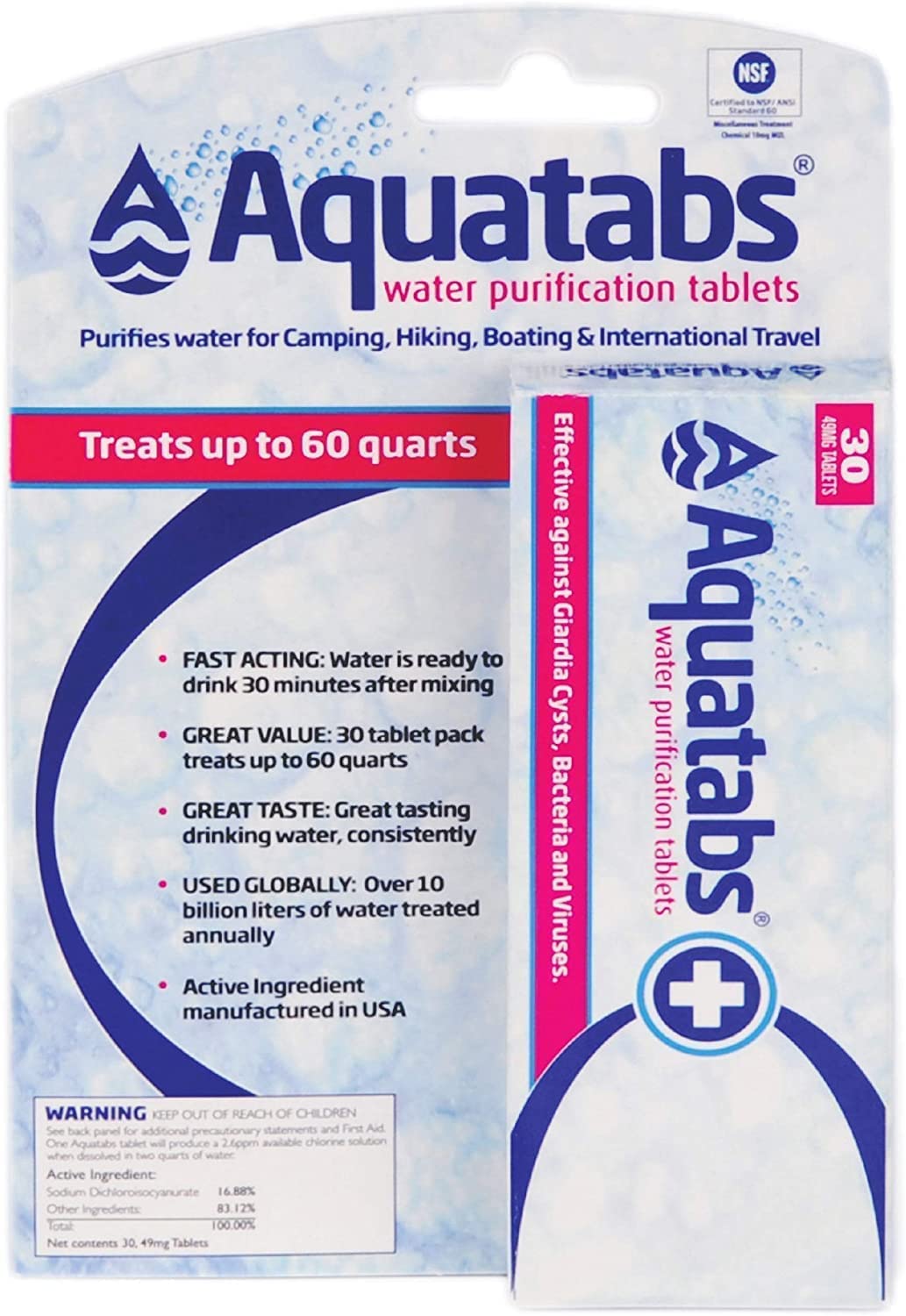 Aquatabs 49mg Water Purification Tablets (30 Pack). Water Filtration System for Hiking, Backpacking, Camping, Emergencies, Survival, and Home-Use. Easy to Use Treatment and Disinfection.