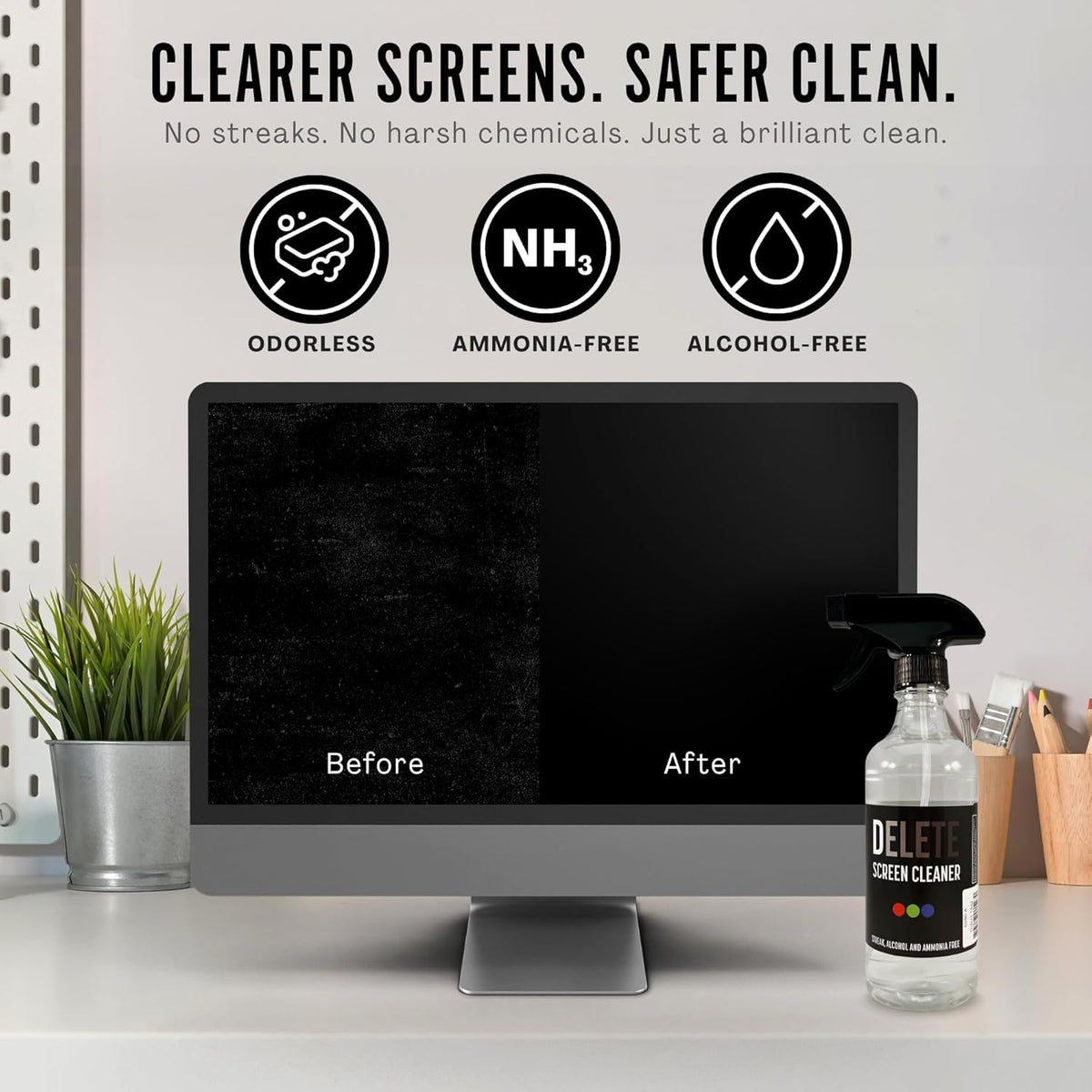 Delete Screen Cleaner Spray Kit, 16oz Bottle and 12"x12" Microfiber Cleaning Cloth, Streak-Free, Safe and Gentle Formula, Multi-Purpose for Devices, Large TVs, Computers, Monitors, Smart Phones