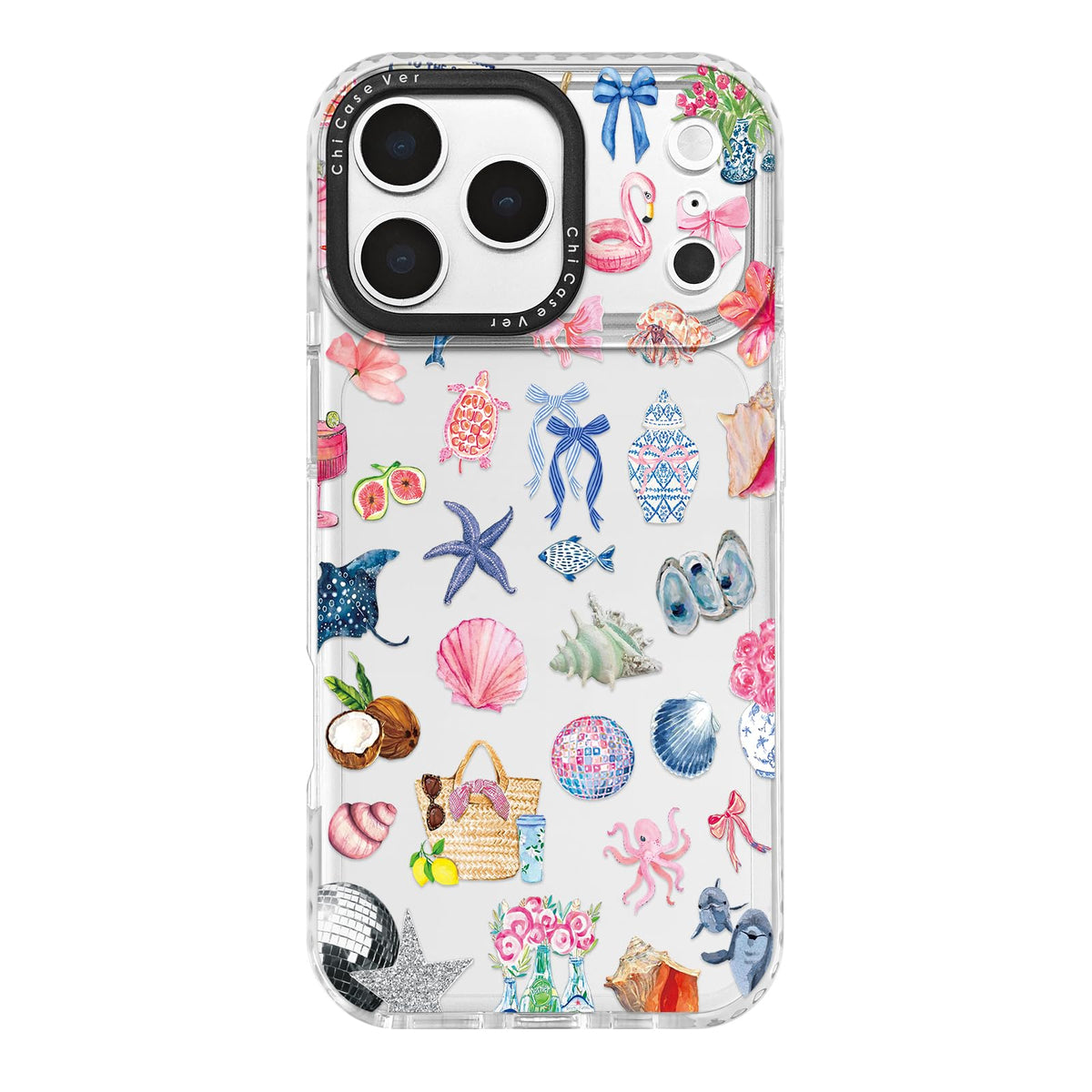 Chicasever For Iphone 17 Pro Case,Tropical Beach Collage Pattern With Shells & Flamingos, Summery Tpu Compatible With Magsafe &