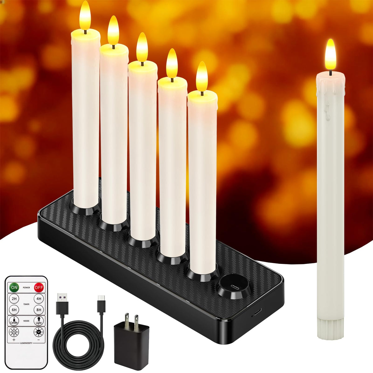 Hl Rechargeable Flameless Taper Candles With Charging Base, 6 Pack Led Window Candles, Flickering Battery Operated With Remote T
