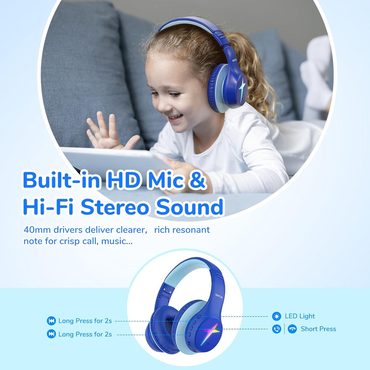EarFun K4 Kids Bluetooth Headphones, Wireless Headphones with LED Lights, 74/85/94dBA Volume Limited, Built-in Mic, 90H Playtime, Bluetooth 5.4 Over Ear Headphone for iPad/Tablet/PC/School