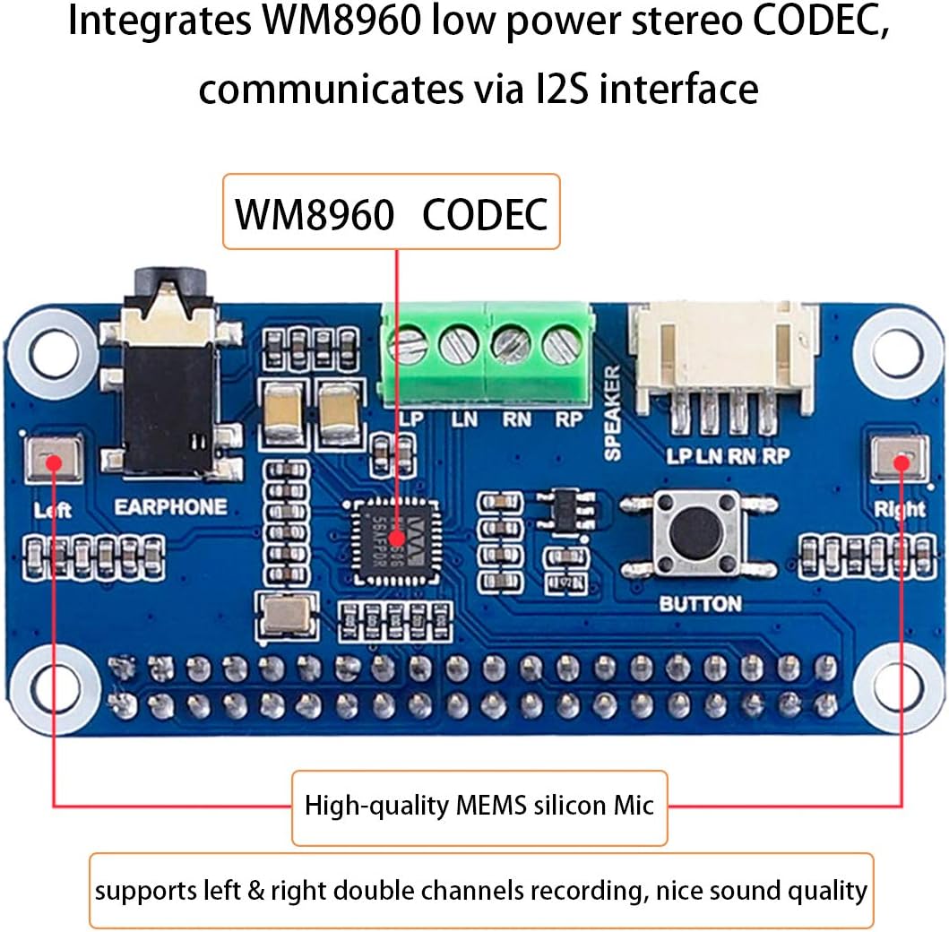 WM8960 Hi-Fi Sound Card HAT for Raspberry Pi 4B/3B+/3B/2B/B+/A+/Zero, Stereo CODEC Play/Record