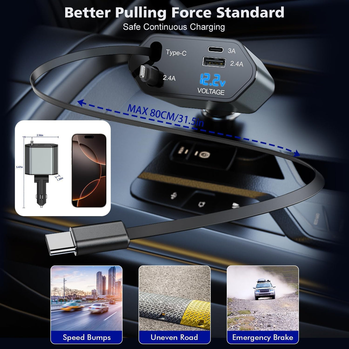 66W Retractable Car Charger,CarCharger Fast Charging 4 in 1 Car Phone Charger Retractable USB C Cable,Type C to Lightning Cord,USB C Port and USB A Port Fast Charging for iPhone 16/15/14,iPad