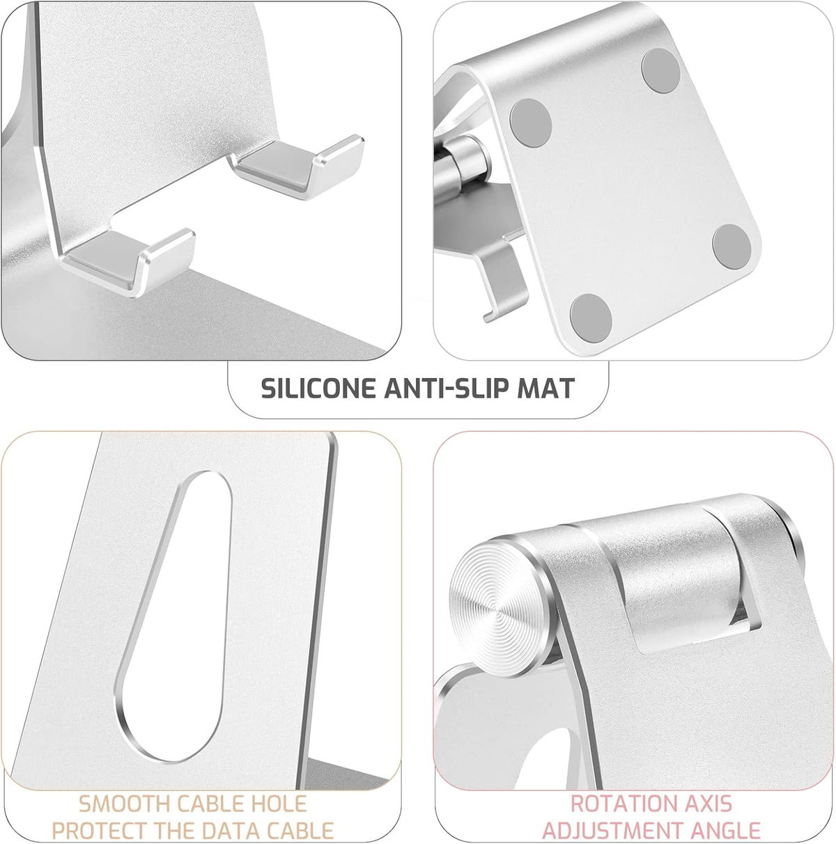 Aluminum Alloy Adjustable Cell Phone Stand, Metal Desktop Holder, Smartphone Cradle, Silver