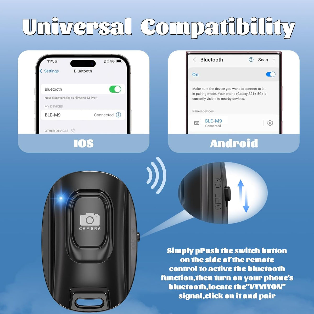 MAIRAN Rechargeable Wireless Camera Remote Shutter for iPhone and Android Smartphones,2 Pack Bluetooth Phone Remote Control,Selfie Button for Photos and Videos Charging Cable Included-Black&White
