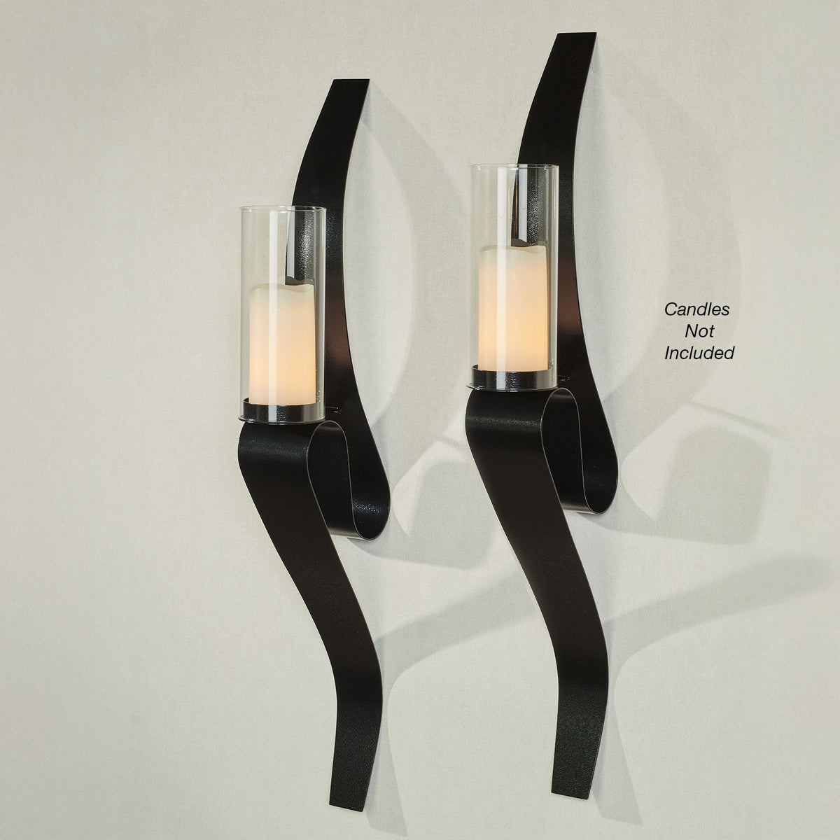 Harmony Wall Sconce Pair | Chic Black | Included Glass Hurricane Candleholders | Handcrafted in The USA | Contemporary Curving Steel Candle Holder
