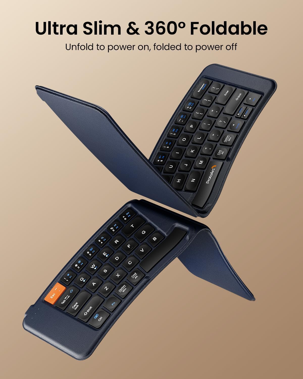 ProtoArc Ergonomic Foldable Keyboard, XK03 Split Folding Travel Bluetooth Keyboard, Ultra Slim, Portable for iPad, iPhone, Tablet, Laptop, PC - Dark Blue
