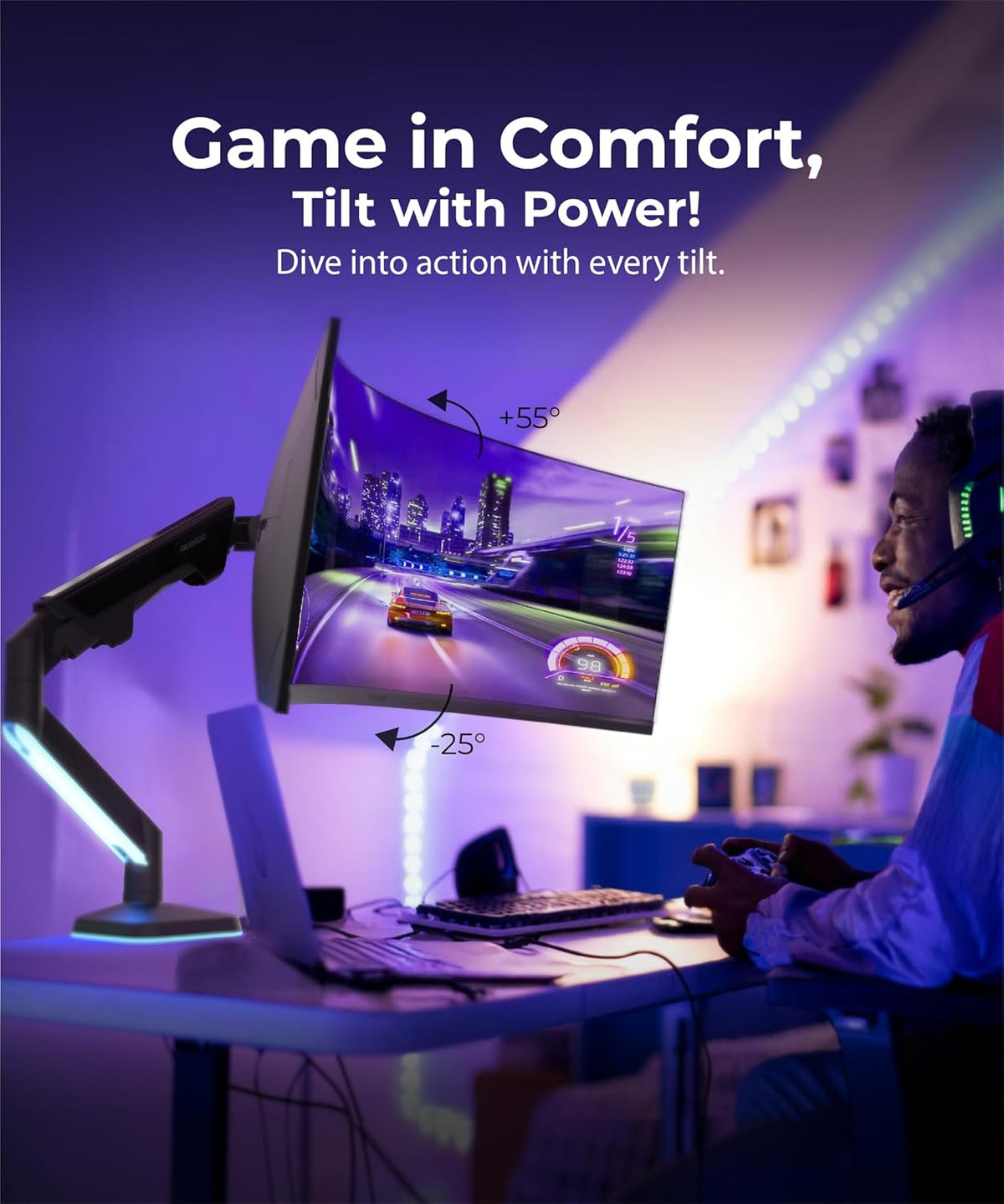 Heavy Duty Ultrawide Monitor Arm with RGB Lighting & USB Charging, Fits 34 to 49 inch Curved Screens, Supports 14 to 38 lbs, Adjustable Desk Mount, Gaming Setup, Black