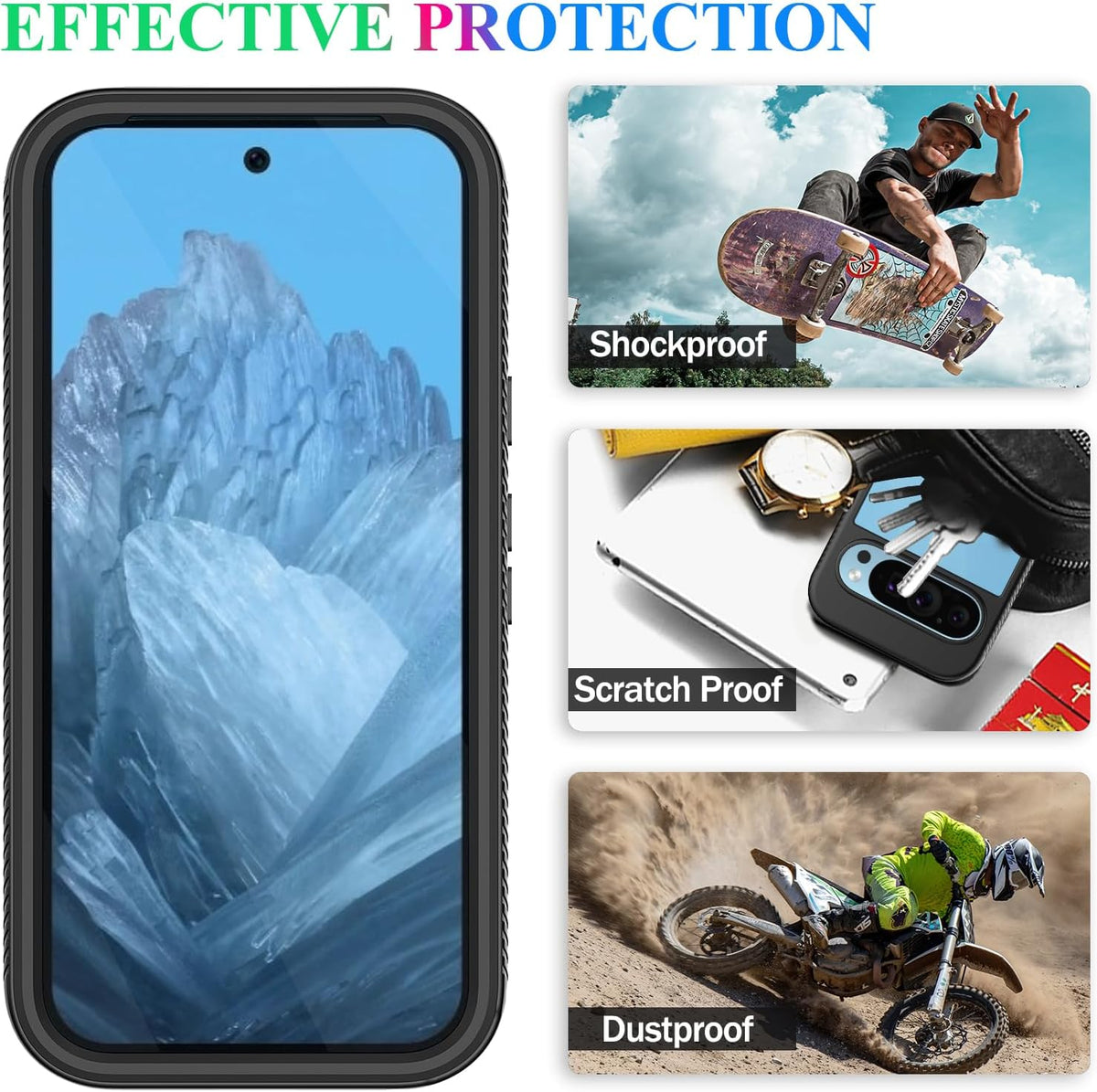 wahhle Case for Google Pixel 9/9 Pro, Built-in Screen Protector, Full Body Shockproof Slim Fit Bumper Cover, Black/Clear