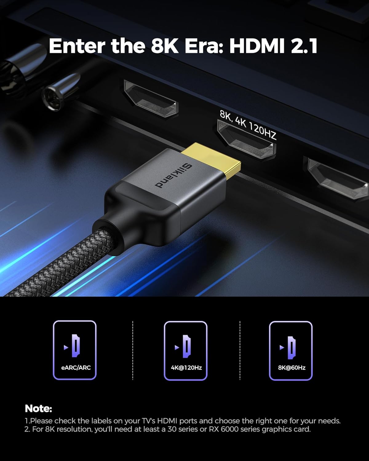 Silkland Certified Long 10K 8K HDMI 2.1 Cable 25ft, (Upgrade Braided) Ultra High Speed HDMI® Cable [8K@60Hz, 4K@120Hz] 48Gbps, HDR, eARC, HDCP 2.2/2.3, Compatible for PS5/Xbox/Soundbar/Roku TV