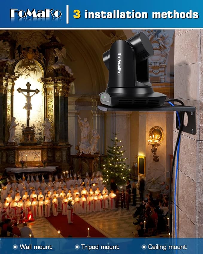 FoMaKo HDMI PTZ Camera AI Auto-Tracking Gen 3 20x Optical Zoom IP USB3.0 HDMI Camera for Church Services Worship EducationFMK12UH Pro(20x)-BBlack Color