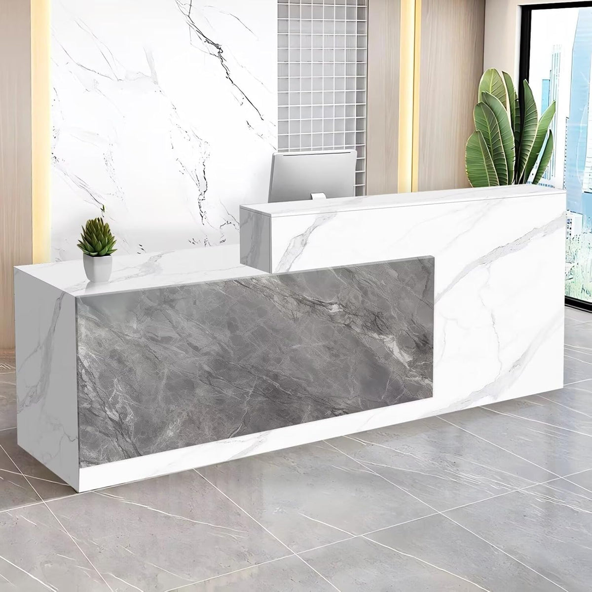 Reception Desk with Counter Modern Checkout Counter with Lockable Drawer Keyboard Tray Receptionist Desk for Office Salon Reception Table F Left 55inch/140cm
