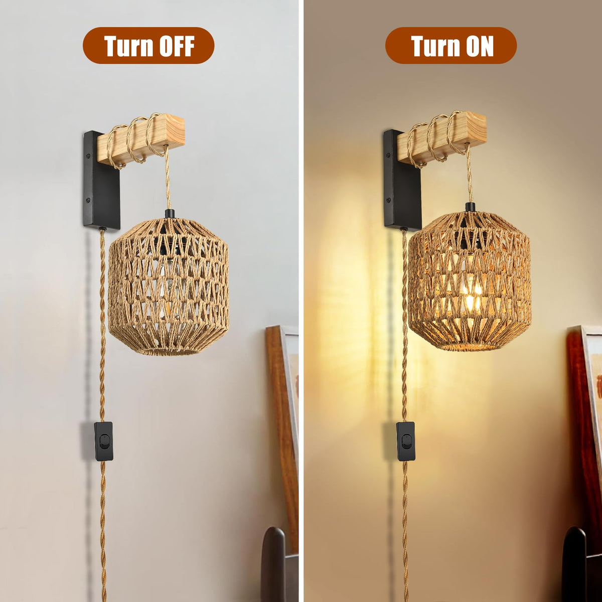 NOVCAND Boho Hanging Wall Light Plug in,Vintage Farmhouse Wall Sconces Set of Two with Rattan Shade for Bedroom Living Room-Black