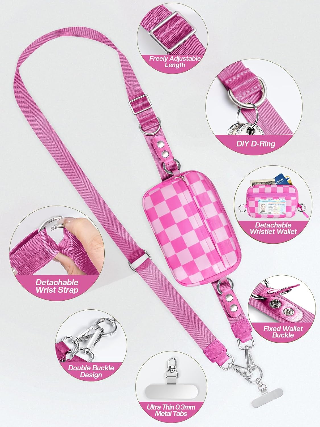 Clip and Go Strap for Phone with Wallet Crossbody Phone Lanyard Adjustable and Detachable RFID Wristlet Wallet with ID Window and Zipper, Pink Check
