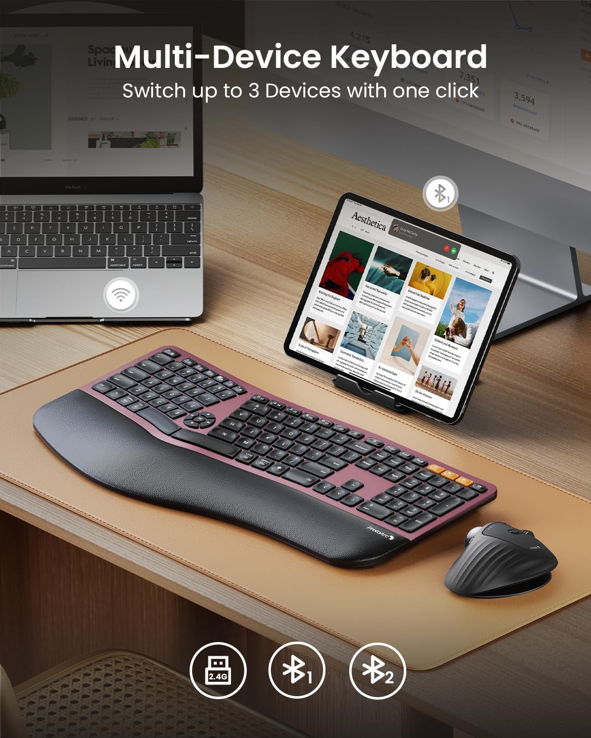 ProtoArc Backlit Bluetooth Ergonomic Keyboard, EK01 Plus Full Size Wireless Split Keyboard with Dual Bluetooth and USB, Cushioned Wrist Rest, Rechargeable, Compatible with Windows/Mac, Wine Red