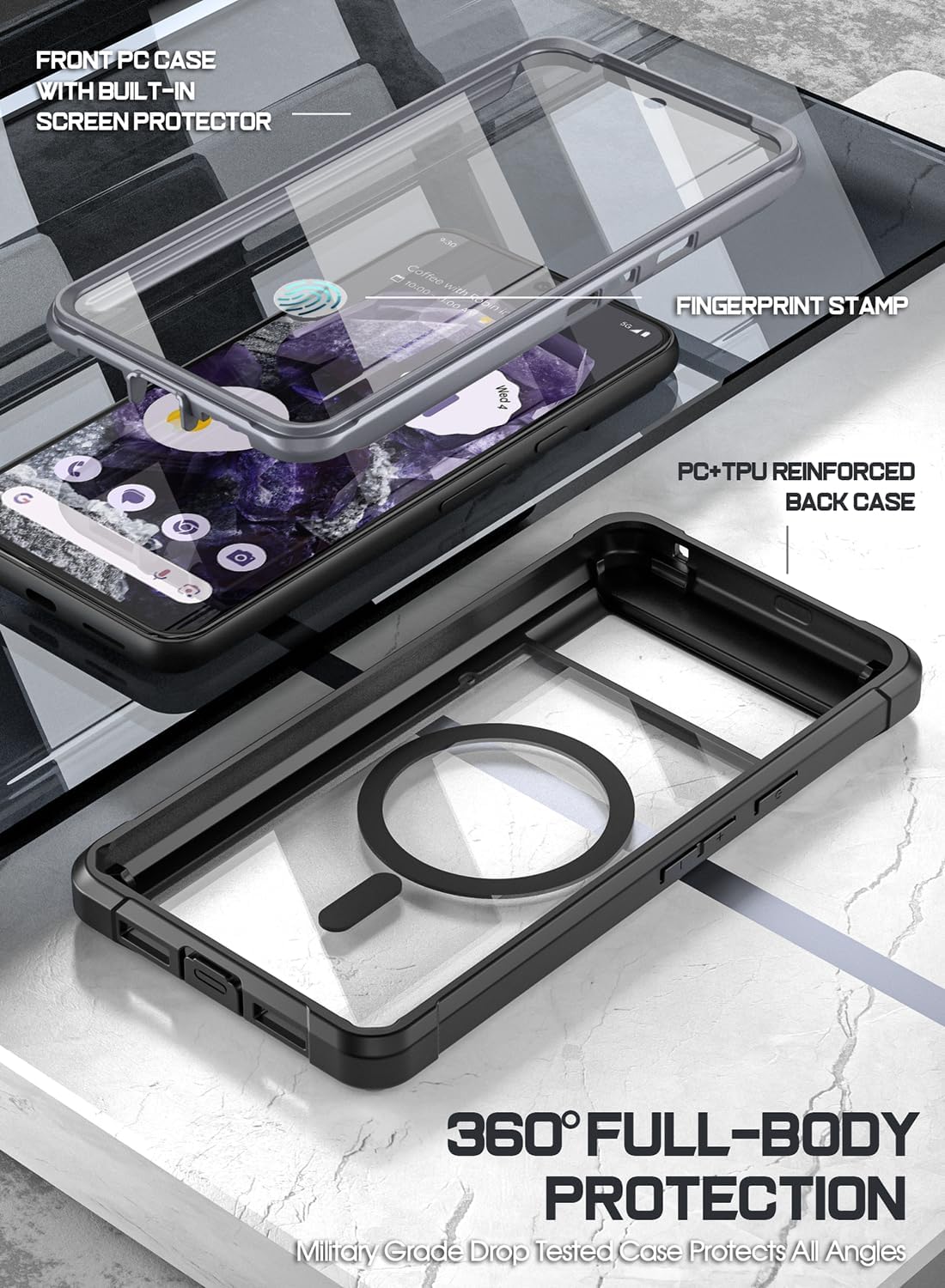 Poetic Guardian MagPro Case for Pixel 8 5G, 6.2", Full Body Shockproof Bumper, Built-in Screen Protector, Black/Clear.