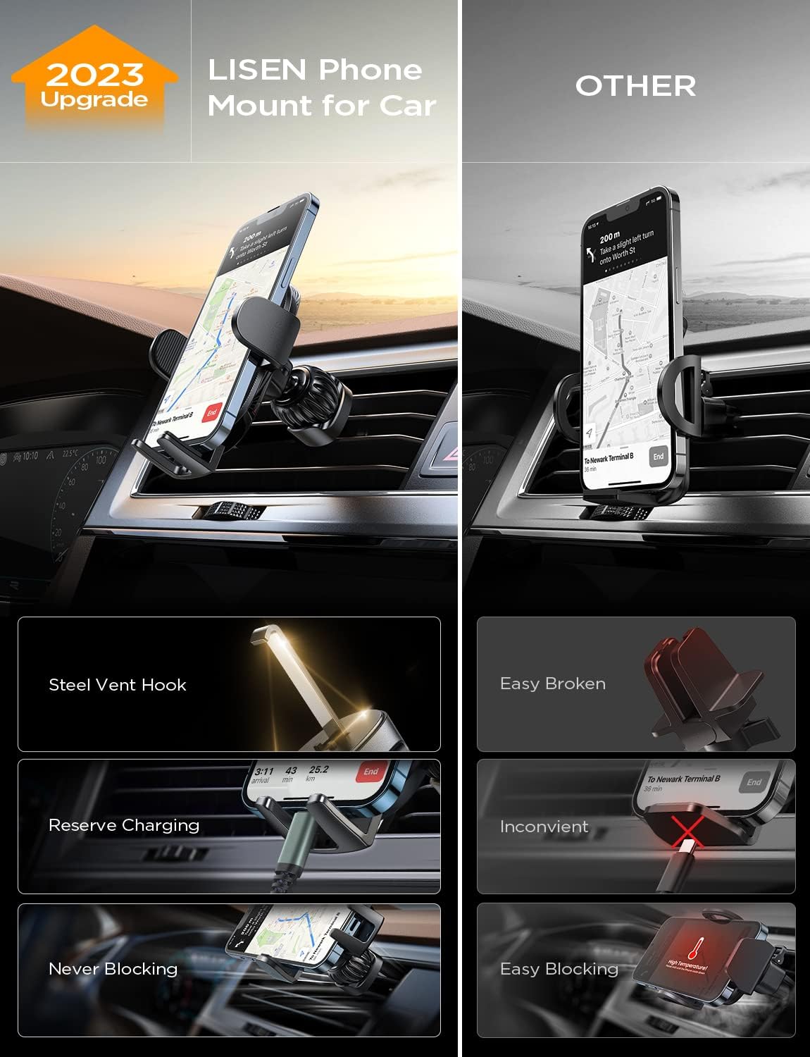 LISEN Phone Mount for Car, Ultra Stable Holder for Car Vent, Steel Hook Clip for iPhone 15/14/13 Pro and Samsung Galaxy