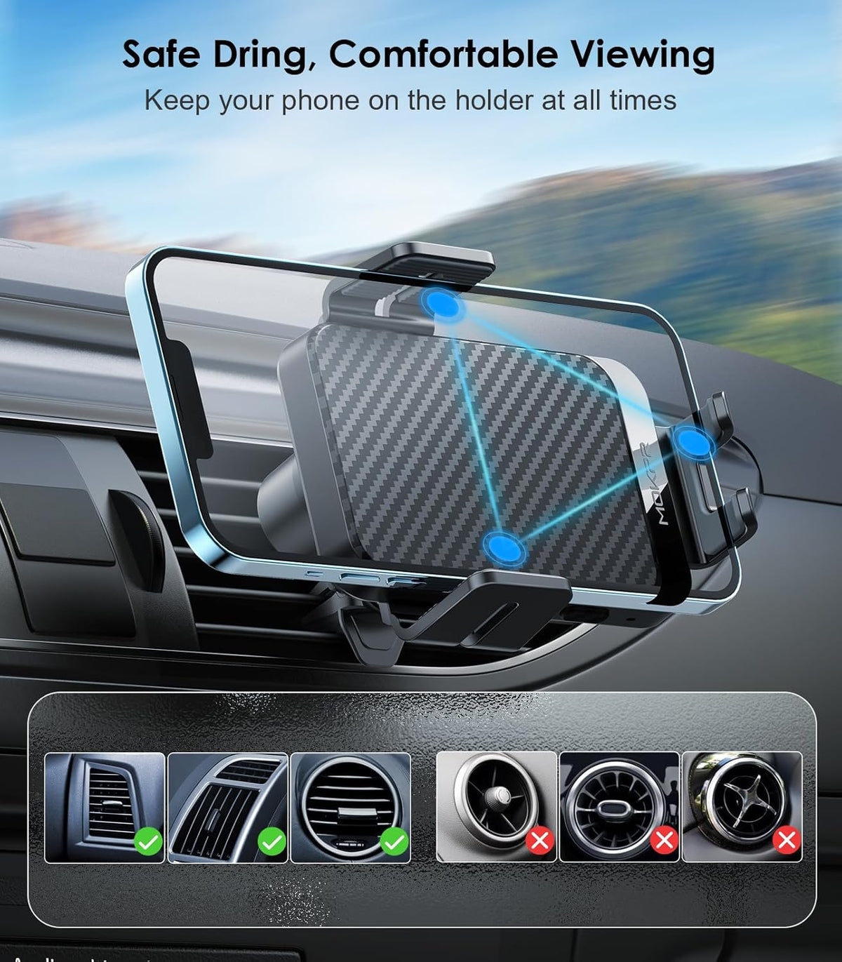 Wireless Car Charger, MOKPR 15W Fast Charging Auto-Clamping Car Charger Phone Mount Air Vent Cell Phone Holder Compatible iPhone 16/15/14/13/13 Pro/12 pro/12/11, Samsung Galaxy S23/S22/S21/S20, etc