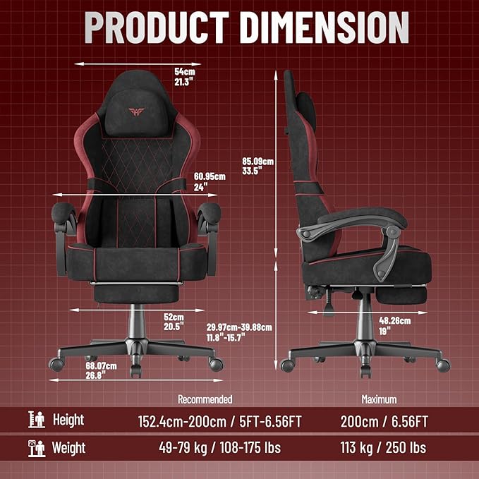 Ferghana Velvet Fabric Ergonomic Gaming Chair with Footrest and Linkage Armrest High Back Computer Game Chair with Massage Lumbar Support for Adult(Black/Red)