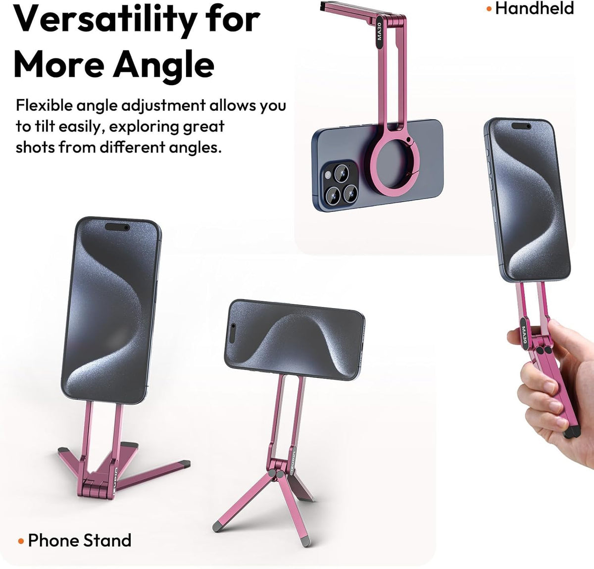ULANZI MA30 Magnetic Phone Tripod Stand for iPhone - Aluminium Maglock Smartphone Mini Tripod Pocket Cell Phone Stand Strong Magnet Quick Mount Compatible with iPhone 16 15 14 13 12 Series, Pink