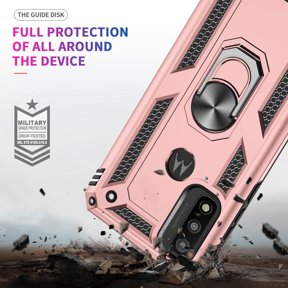 LeYi Phone Case for Motorola Moto G Play 2023, Military-Grade Protective with 2 Pcs Tempered Glass Protector, Rose Gold