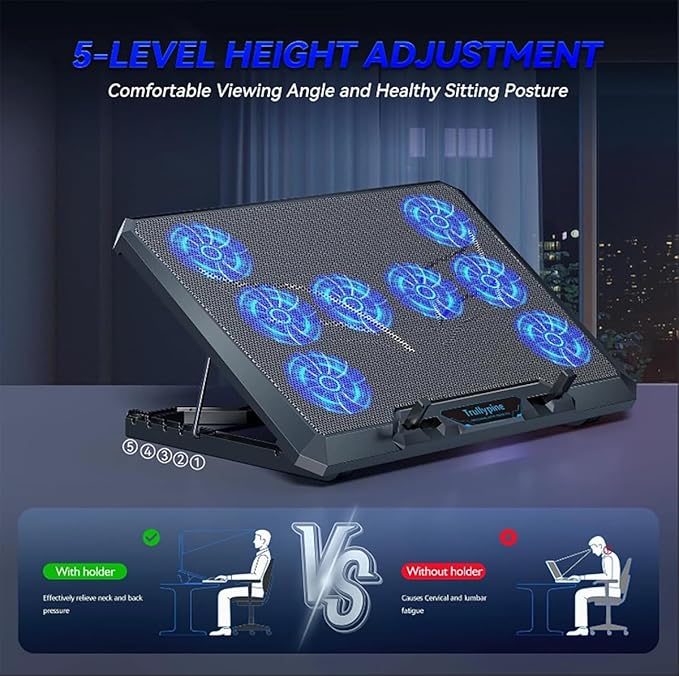 Laptop Cooling pad for Hp Chromebook 11MK G9 Education Edition Gaming laptops Laptop Cooler with 8 Fan Adjustable Speed 5-Level Height Adjustment Mute Silent2 USB-A PortBuilt-in Phone Stand